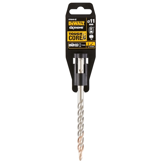 A DEWALT Extreme Tough Core drill bit with a black and yellow packaging, size 11 mm. The drill bit is silver with a spiral design, displayed vertically in the package.