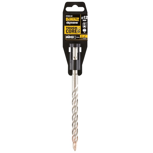 A DEWALT DT9553 Extreme Tough Core masonry drill bit, 12mm diameter, shown in retail packaging with a silver spiral shaft and branding at the top.