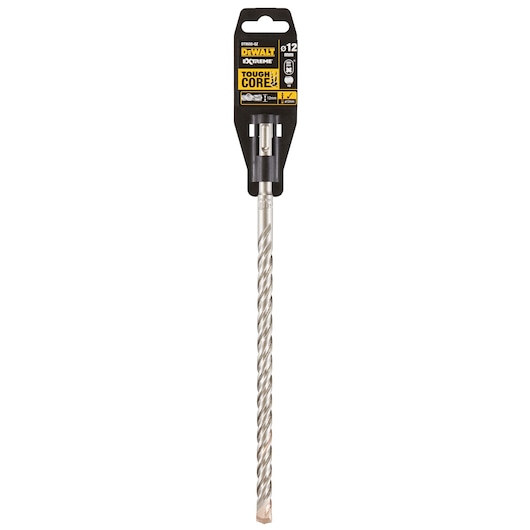 DEWALT DT9555 Tough Core Extreme drill bit in its packaging, featuring a spiral design and labeled as 12mm diameter.