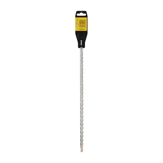 A DEWALT DT9557 masonry drill bit with a spiral design and a yellow and black packaging label at the top, intended for use with power drills.