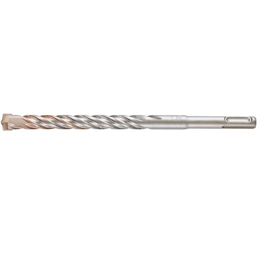 A single metal rotary hammer drill bit with a spiral fluted shaft and a chisel tip, photographed against a white background.