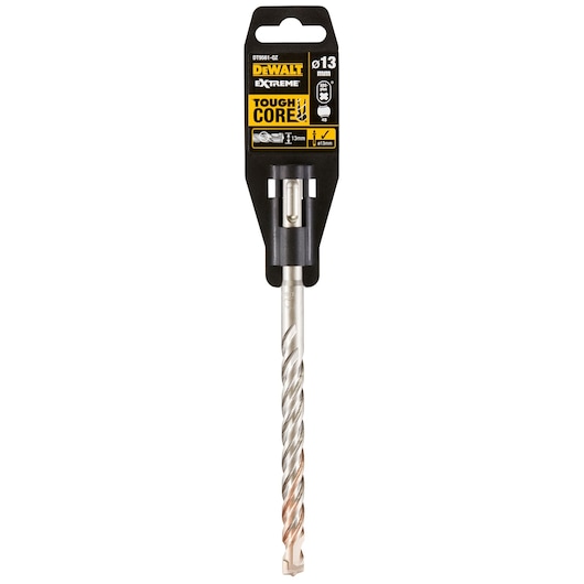 DEWALT Extreme Tough Core SDS drill bit, 13mm diameter, in retail packaging. The packaging is black with yellow DEWALT branding and technical details.