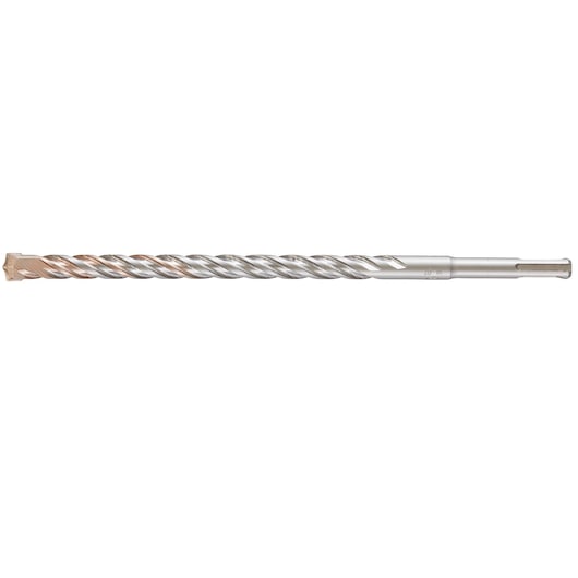 A single long metallic rotary hammer drill bit with a spiral flute design and a chisel tip, suitable for masonry or concrete drilling.