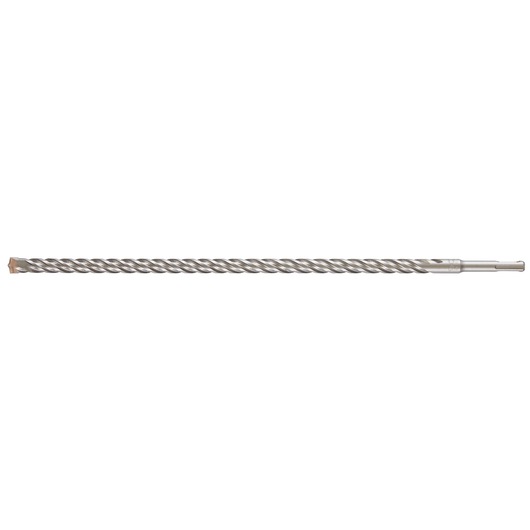 A long, metallic SDS masonry drill bit with a spiral flute and a carbide tip, shown isolated on a white background.