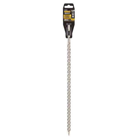 A DEWALT DT9570 Tough Core long masonry drill bit with a spiral design, shown in its packaging.