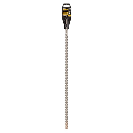 A long DEWALT branded rotary hammer drill bit with a spiral flute and a carbide tip, shown in its retail packaging. The product label displays specifications and the DEWALT logo.