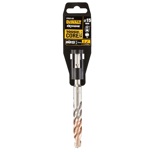 A DEWALT Extreme ToughCore drill bit, 15 mm diameter, shown in its packaging. The drill bit has a silver and copper color spiral design and is intended for heavy-duty use.