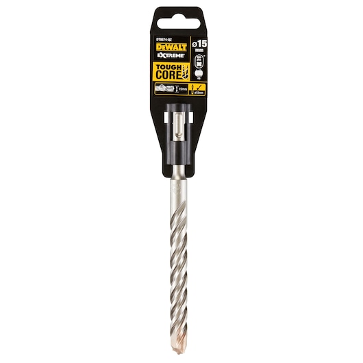 DEWALT Extreme Toughcore DT9574 15mm drill bit in retail packaging, featuring a spiral design and SDS-Plus shank.