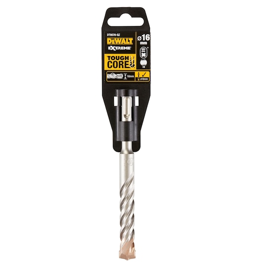 A DEWALT Extreme Tough Core drill bit, 16 mm diameter, in retail packaging. The drill bit has a spiral design and is intended for use in masonry and other tough materials.