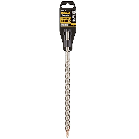 A DEWALT DT9581 Extreme ToughCore masonry drill bit in its packaging. The drill bit is silver with a spiral design and is labeled as 16 mm size.
