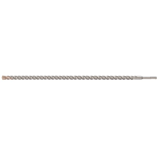 A long, metallic DEWALT drill bit with a spiral design and an SDS shank, used for heavy-duty drilling tasks.