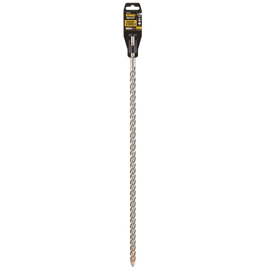 A long, twisted DEWALT drill bit in silver color with black and yellow packaging at the top.