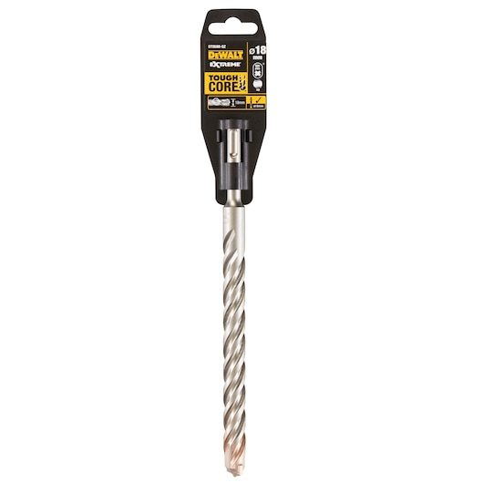 DEWALT Extreme Tough Core 18mm masonry drill bit in packaging, with spiral design and SDS Plus shank, product code DT9588.