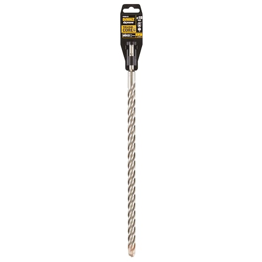 A DEWALT branded long spiral drill bit, product SKU DT9590, shown upright with packaging attached at the top. The drill bit features a silver twisted core design and is used for heavy-duty drilling applications.