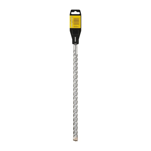A DEWALT drill bit with a spiral design and a yellow label attached at the top, shown vertically against a white background.