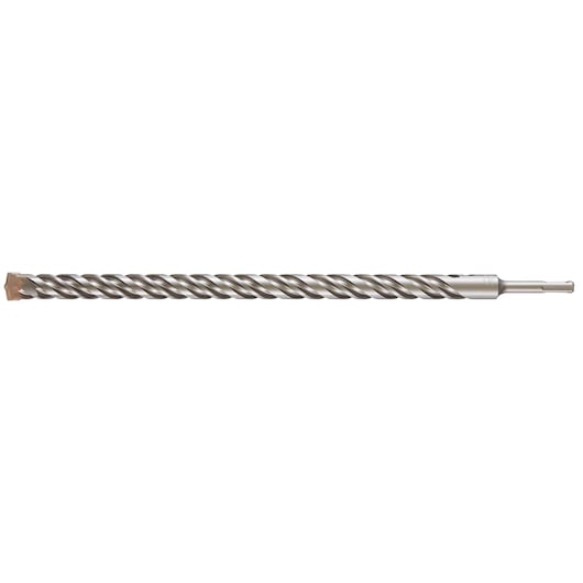 A single long, metallic SDS-plus masonry drill bit with a spiral flute design, used for drilling into concrete or stone.