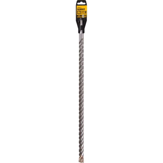 A long DEWALT SDS Plus rotary hammer drill bit with spiral flutes and a pointed tip, shown in its original packaging with a yellow and black label.