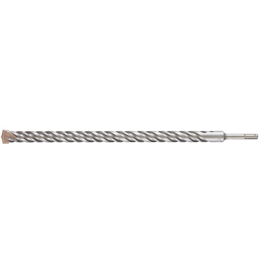 A long metallic SDS-plus hammer drill bit with a spiral flute design, used for drilling into concrete and masonry.