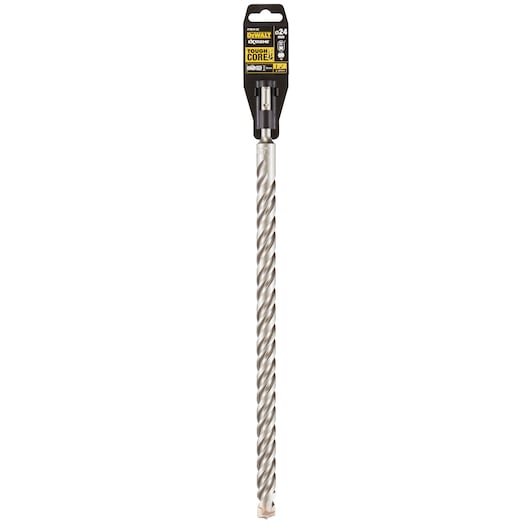 A DEWALT branded long metal masonry drill bit with spiral fluting for tough core drilling, shown in retail packaging against a white background.