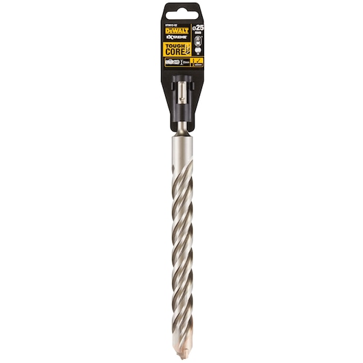 A DEWALT Extreme Tough Core drill bit, SKU DT9612, 25mm diameter, shown in its packaging. The drill bit has a spiral design and metal finish.