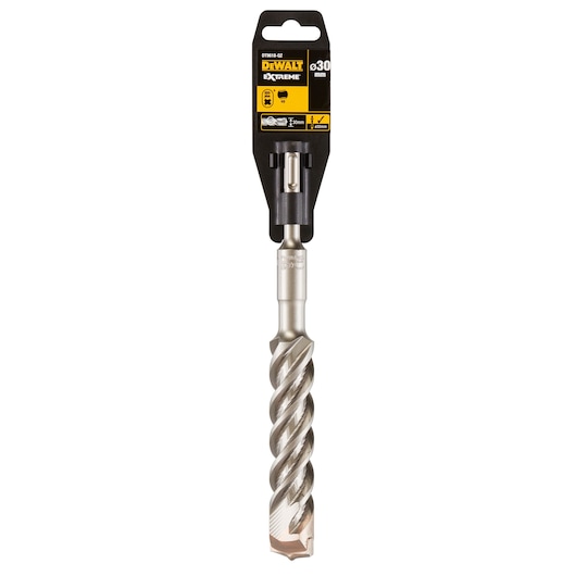 DEWALT DT9618 Extreme drill bit, 30 mm diameter, shown in retail packaging. The drill bit features a spiral design and is used for masonry or concrete drilling.