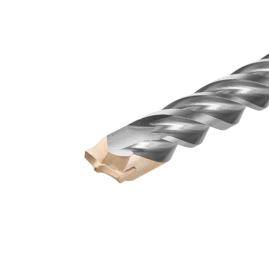 Close-up of the tip of a metallic spiral drill bit, showing its cutting edges and distinctive grooves against a white background.