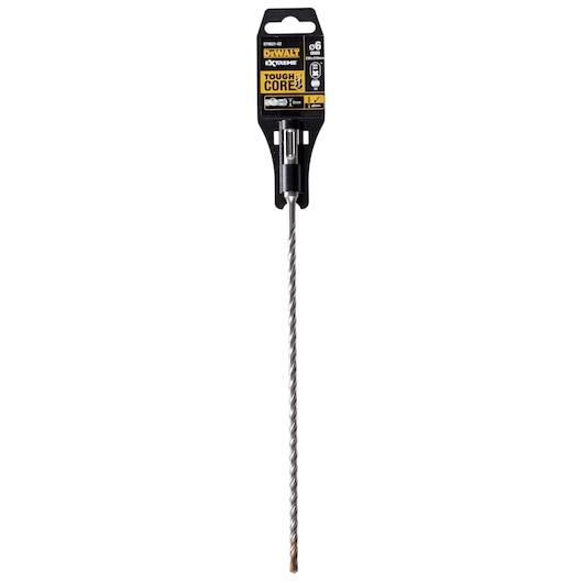 A DEWALT branded long masonry drill bit, DT9621 model, in retail packaging, featuring a spiral metal shaft and SDS fit, labeled as ToughCore for extreme durability.