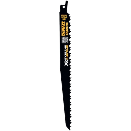 A DEWALT DT99555 Extreme Runtime reciprocating saw blade, black in color, with sharp teeth and product markings in yellow and white.