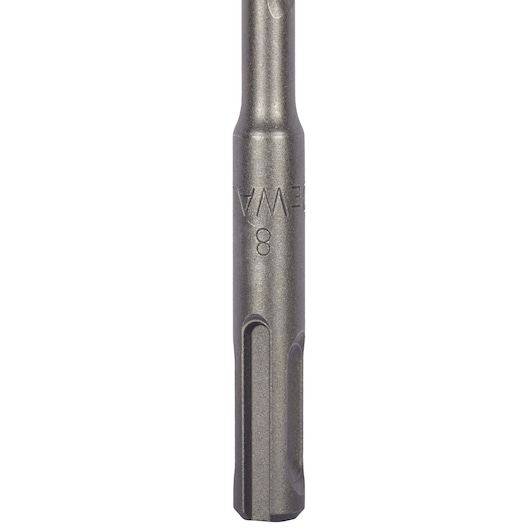 Close-up image of a DEWALT drill bit shank, displaying the metal finish and engraved markings including the number 8.