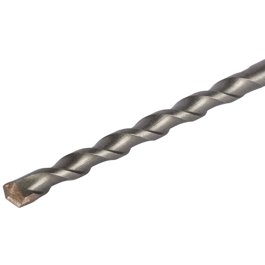 Close-up view of a metal masonry drill bit with a twisted design and a chisel-shaped tip, used for drilling into hard materials.