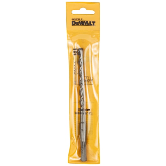 A DEWALT drill bit in its original yellow packaging. The package is labeled with the drill bit diameter of 8 mm (5/16 inch) and shows the DEWALT branding at the top.
