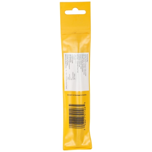 Back view of a yellow DEWALT product packaging, showing a barcode, white label with text, and a hanging slot at the top.