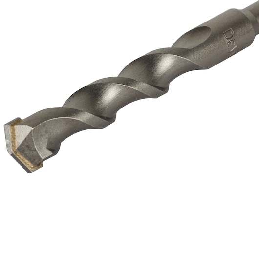 Close-up view of a DEWALT masonry drill bit with a spiral flute and carbide tip, photographed on a white background.