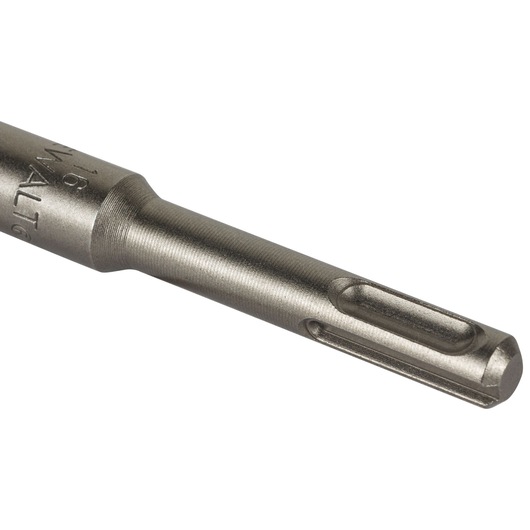 Close-up image of a DEWALT SDS drill bit, showing the shank and the branding engraved on the side. The metallic surface highlights the industrial quality of the drill bit.