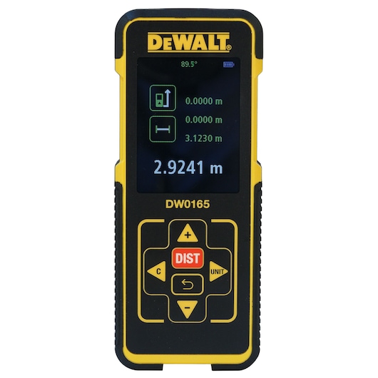 DEWALT DW0165 digital laser distance measurer, showing measurements on the display screen. The device is handheld, black and yellow, with buttons for operation and measurement units.