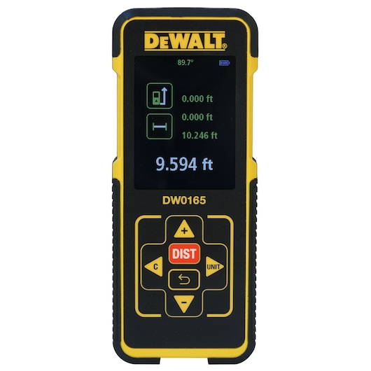 A DEWALT DW0165 laser distance measurer with a digital screen displaying measurement readings in feet, and various control buttons in yellow and black casing.