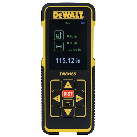 A DEWALT DW0165 laser distance measurer device with a digital screen displaying measurements in inches. The device has yellow and black casing with several control buttons including distance, unit, clear, and navigation arrows.