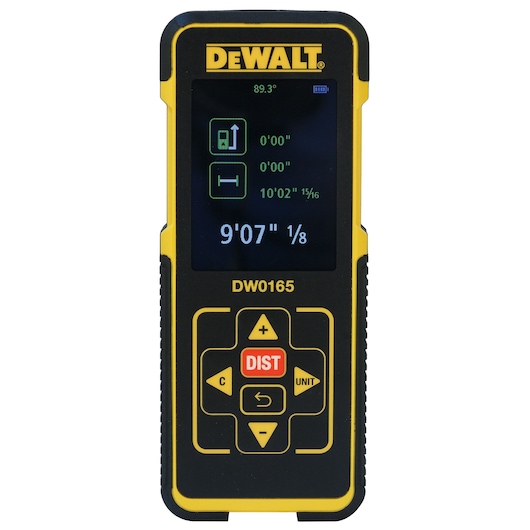 DEWALT DW0165 handheld electronic laser distance measurer with a digital screen displaying measurement information and control buttons. The device features a yellow and black design.