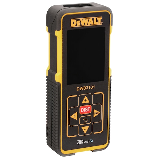 Profile of DEWALT pocket laser distance measurer with its display on.