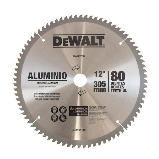 A close-up image of a DEWALT circular saw blade for aluminum and non-ferrous materials, model DW03230, featuring 80 teeth, a diameter of 12 inches (305 mm), and a 30 mm arbor. The blade includes warning and usage instructions in multiple languages.