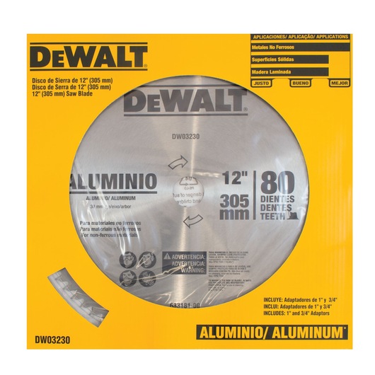DEWALT 12-inch (305 mm) saw blade for aluminum and other non-ferrous materials. The blade has 80 teeth and comes in yellow packaging with black text. The product SKU is DW03230. The package mentions included adaptors for 1 inch and 3/4 inch. This item is suitable for cutting solid surfaces and laminated wood.
