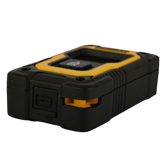A close-up view of a DEWALT DW055PL laser distance measurer in black and yellow color, with rugged casing and visible buttons. The product is shown on a plain white background.
