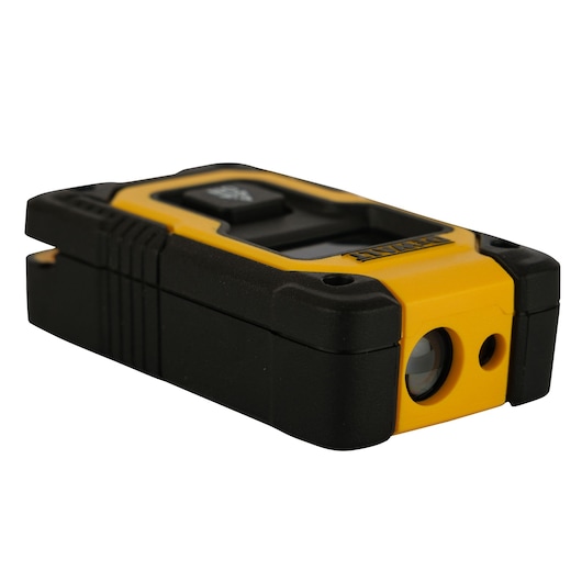 A compact, rectangular yellow and black device with a lens, shown against a white background. The product appears to be a DEWALT branded laser distance measurer.