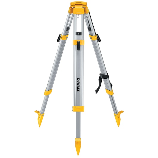 A DEWALT DW0737 aluminum tripod with yellow accents, designed for photography or surveying equipment, featuring adjustable legs and pointed feet for stability.