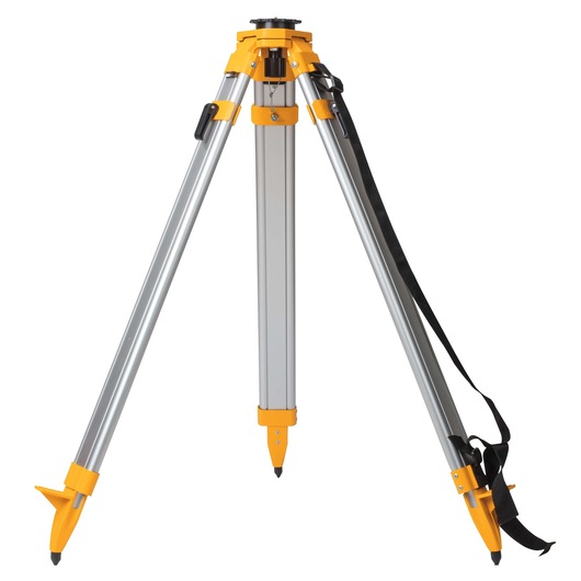 A DEWALT DW0737 aluminum tripod with adjustable legs and pointed feet, designed for photography and construction site leveling equipment. It features a yellow and silver color scheme and has a black carrying strap attached to one leg.