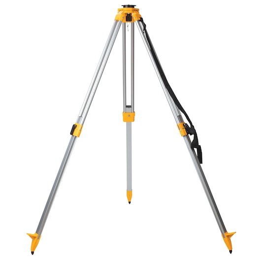 A DEWALT DW0737 aluminum tripod with yellow accents, featuring adjustable legs and a shoulder strap, used for photography or mounting devices, standing on a white background.