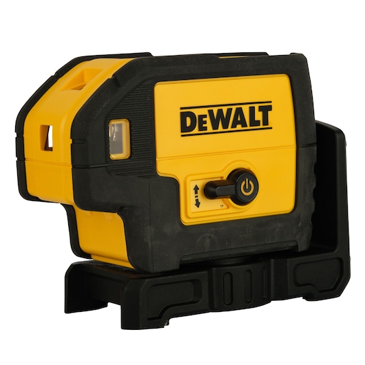 A yellow and black DEWALT-branded laser level, model DW085K, shown on a black base. The device has a prominent on/off switch and is designed for precise alignment and leveling tasks in photography or construction.