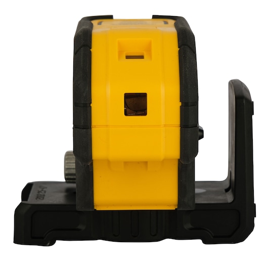 Front view of a DEWALT DW085K yellow and black laser level device, designed for precise alignment in photography or construction, mounted on a black base.