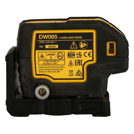Side view of a DEWALT DW085K 5 beam laser pointer device with yellow label containing product specifications, safety warnings, and certification symbols.