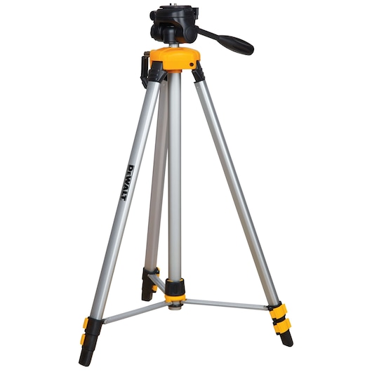A DEWALT tripod with extendable aluminum legs, yellow and black accents, and a black adjustable head with handle, designed for photography and measurements.
